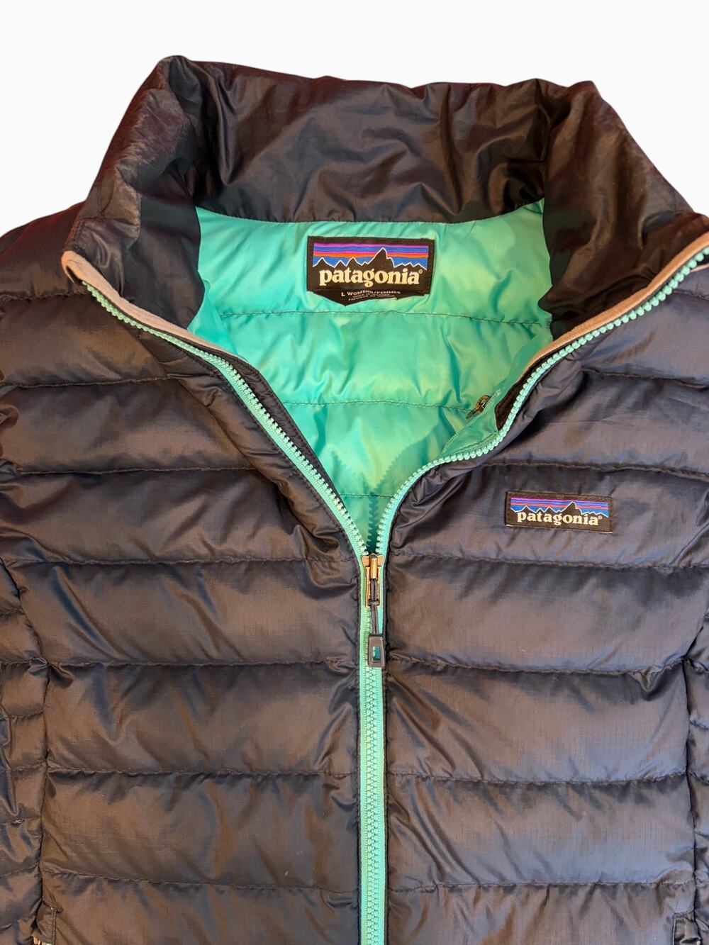 PATAGONIA Women's Down Sweater Vest LARGE Navy Teal Puffer Full Zip
